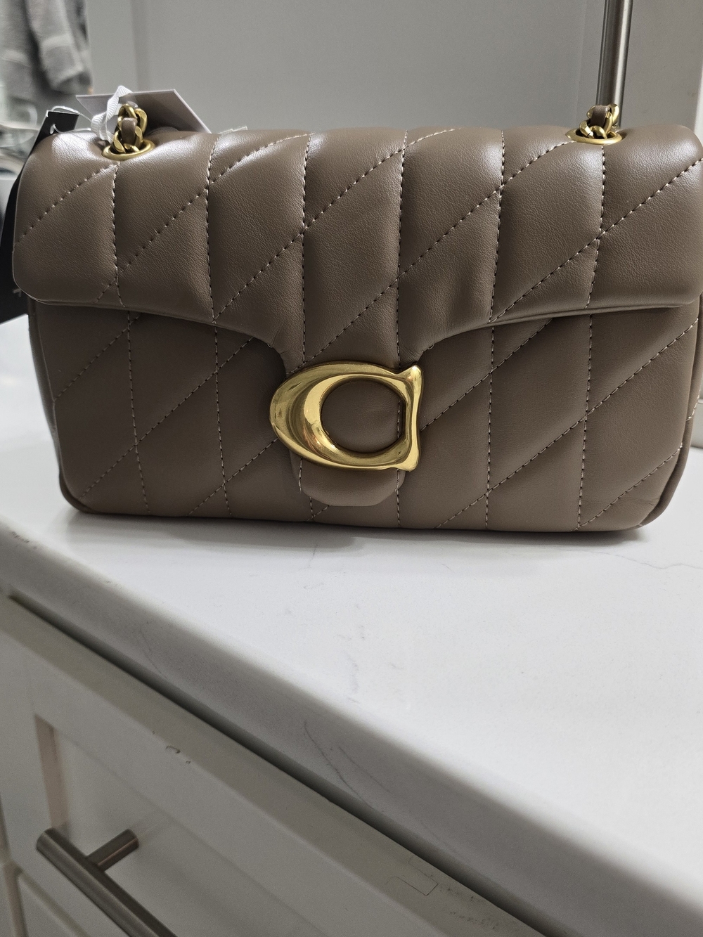 Quilted Taupe Leather Shoulder Bag with Gold Hardware